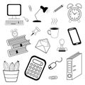 Office life black lines icons set with hand doodle